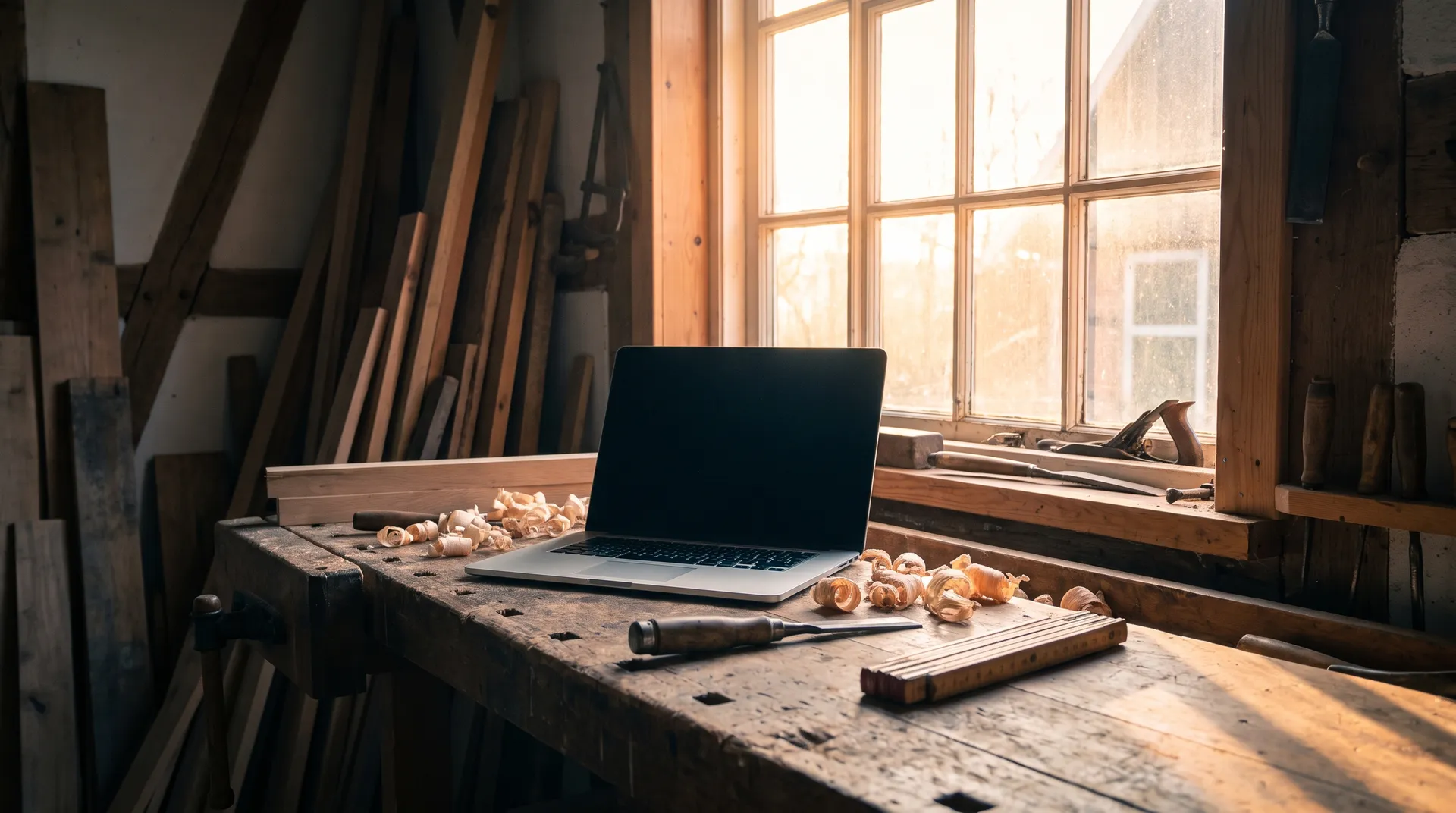 Aufgeklappter Laptop auf einer alten Hobelbank, Hobelspäne im Morgenlicht vor dem Werkstattfenster
