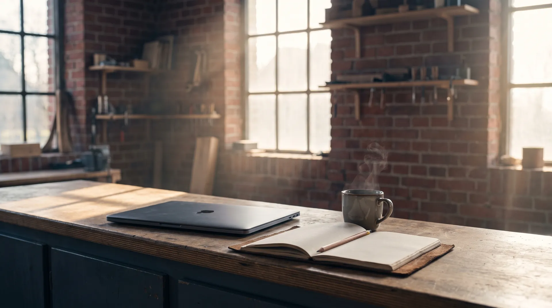 Tresen mit Laptop und Notizbuch im Morgenlicht