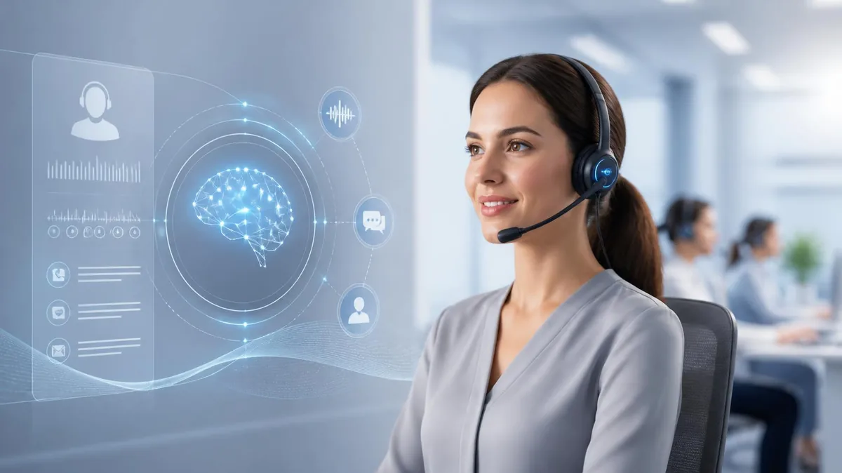 Telefonarbeitsplatz mit Headset, daneben eine KI, die das Gespräch mitverfolgt