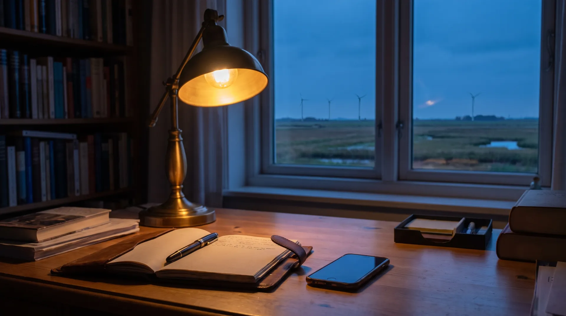 Schreibtisch am Abend: warme Lampe, Notizbuch und Telefon, draußen die blaue Stunde über Ostfriesland