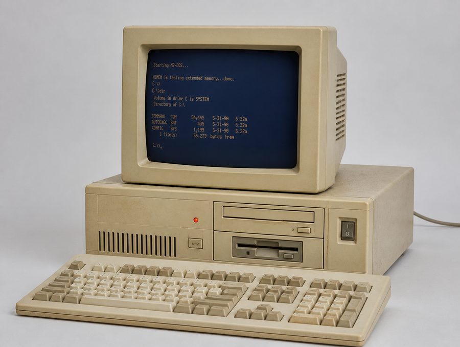 Ein beiger Tischrechner aus den frühen Neunzigern mit Röhrenmonitor, Diskettenlaufwerken und MS-DOS auf dem Bildschirm